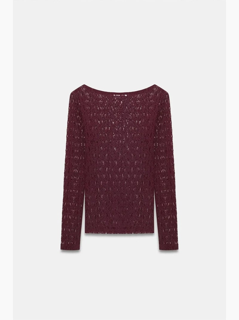 Maglietta pizzo scollo barca manica lunga dilvin Rosso bordeaux - Kiabi