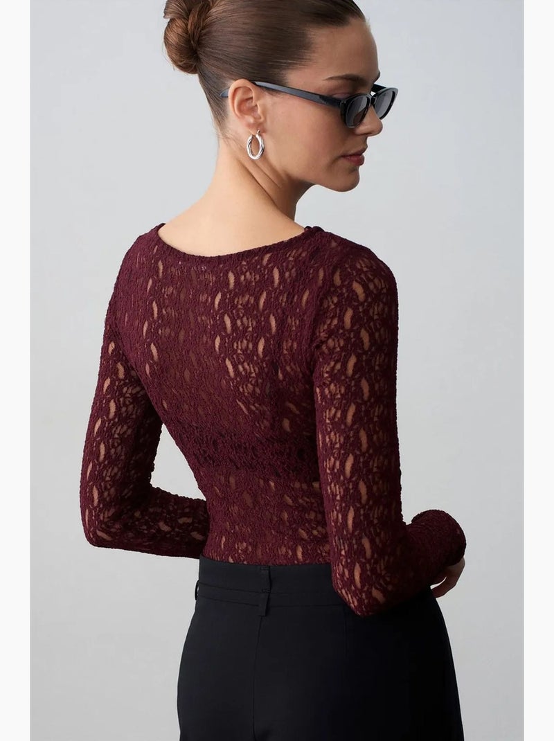 Maglietta pizzo scollo barca manica lunga dilvin Rosso bordeaux - Kiabi