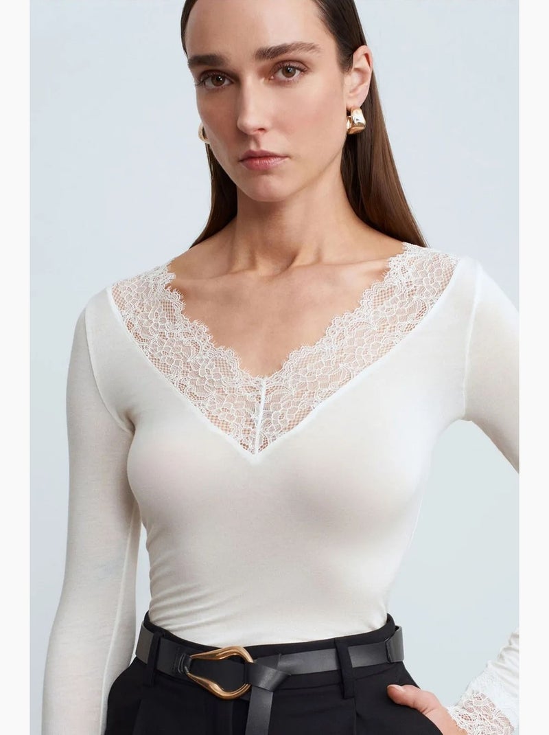 Maglietta pizzo scollo v manica lunga dilvin Bianco sporco - Kiabi