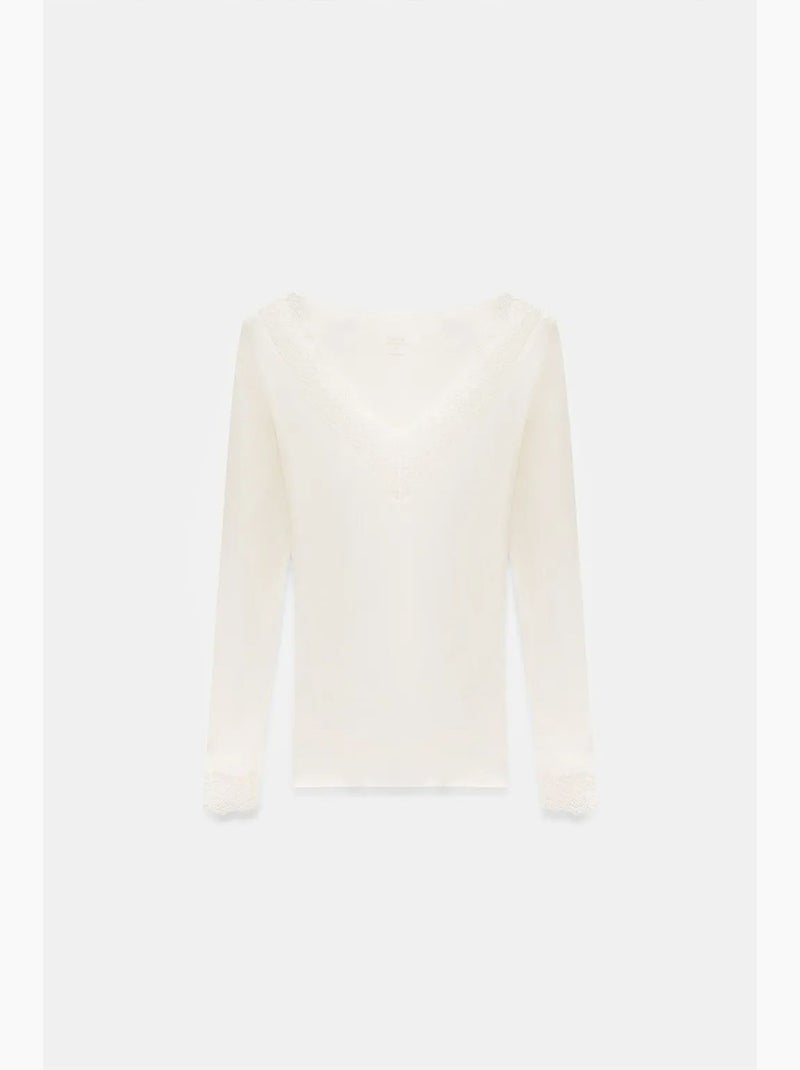 Maglietta pizzo scollo v manica lunga dilvin Bianco sporco - Kiabi