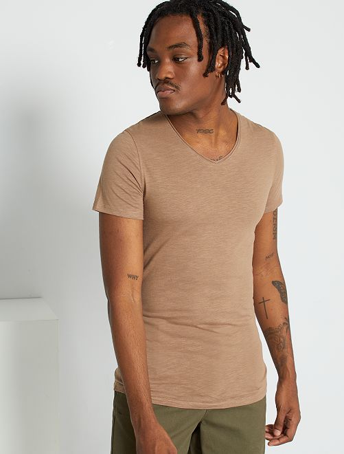 Maglietta slim fit cotone tinta unita collo a V - grigio beige - Kiabi -  4.00€