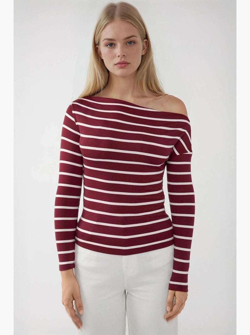 Maglietta spalle scoperte a righe a costine manica lunga hiccup Rosso bordeaux - Kiabi