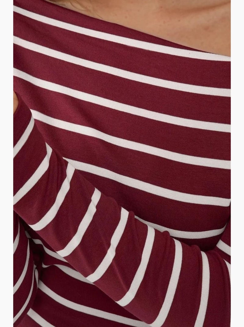 Maglietta spalle scoperte a righe a costine manica lunga hiccup Rosso bordeaux - Kiabi