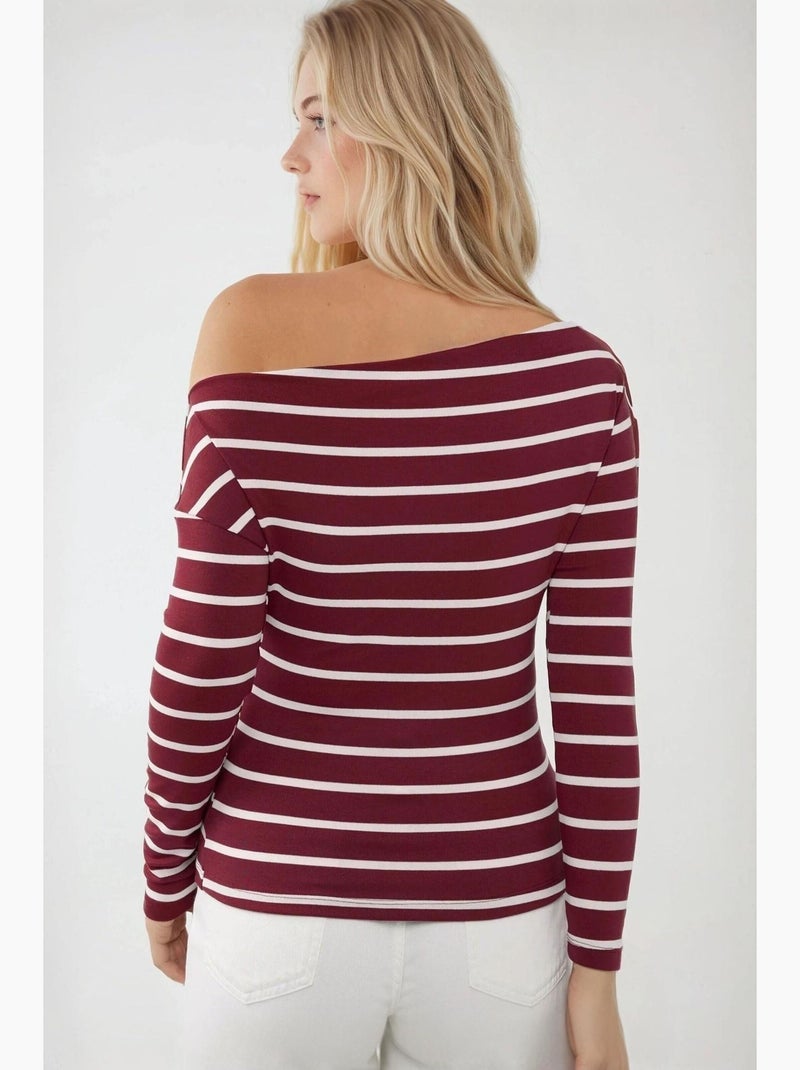 Maglietta spalle scoperte a righe a costine manica lunga hiccup Rosso bordeaux - Kiabi