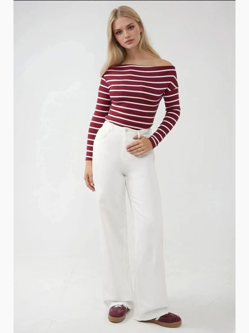 Maglietta spalle scoperte a righe a costine manica lunga hiccup Rosso bordeaux - Kiabi