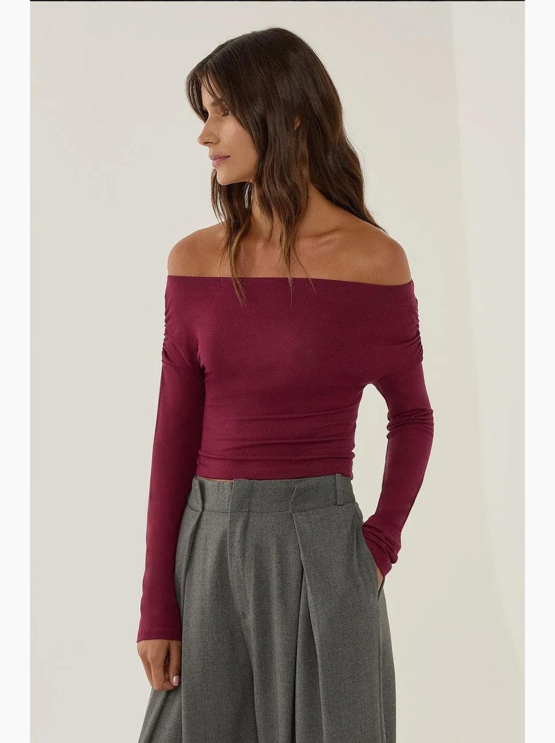 Maglietta spalle scoperte scollo carmen manica lunga hiccup Rosso bordeaux - Kiabi
