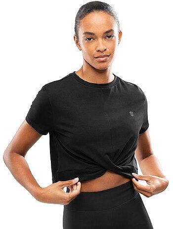 Maglietta sportiva annodata in vita da donna fitness donna space