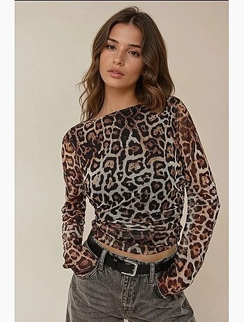 Maglietta stampa leopardata scollo barca drappeggiata manica lunga hiccup