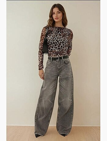 Maglietta stampa leopardata scollo barca drappeggiata manica lunga hiccup