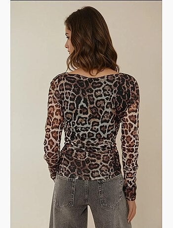 Maglietta stampa leopardata scollo barca drappeggiata manica lunga hiccup