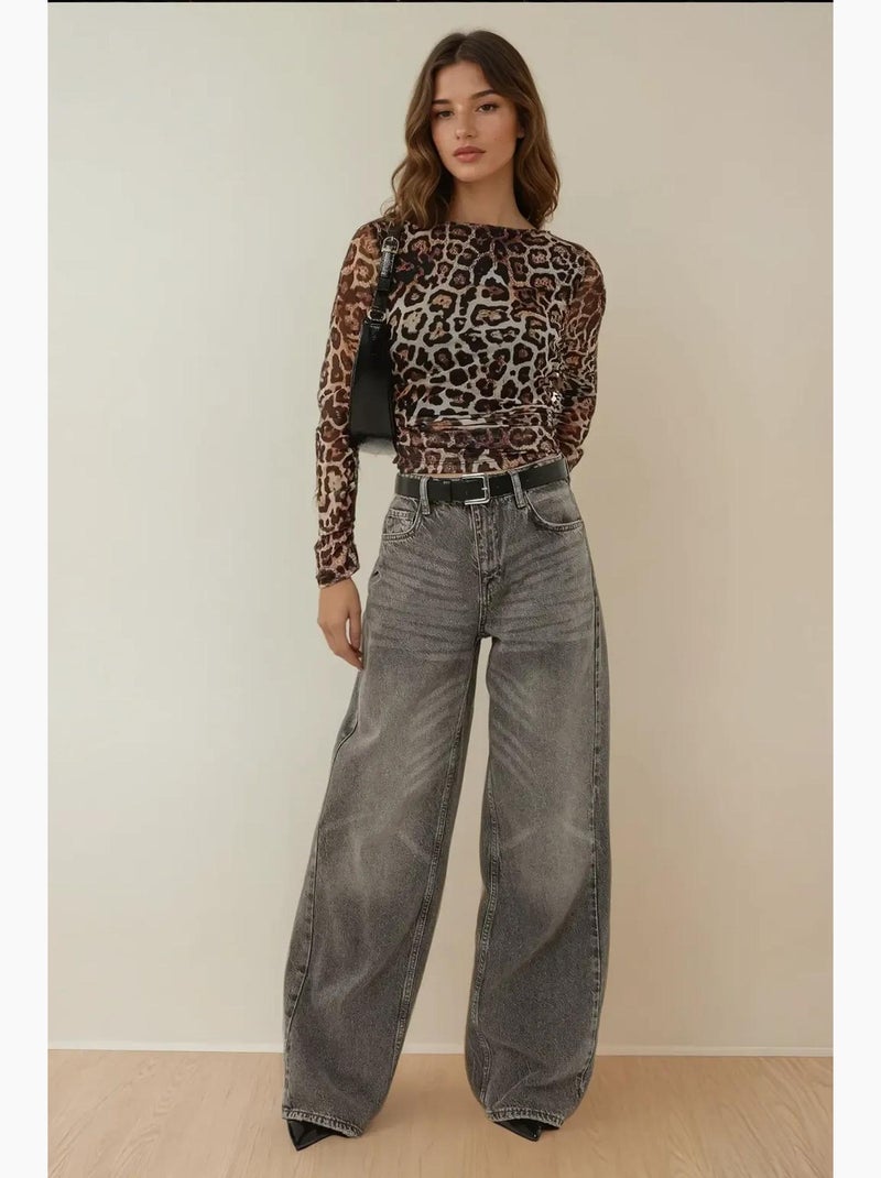 Maglietta stampa leopardata scollo barca drappeggiata manica lunga hiccup Nero Marrone - Kiabi
