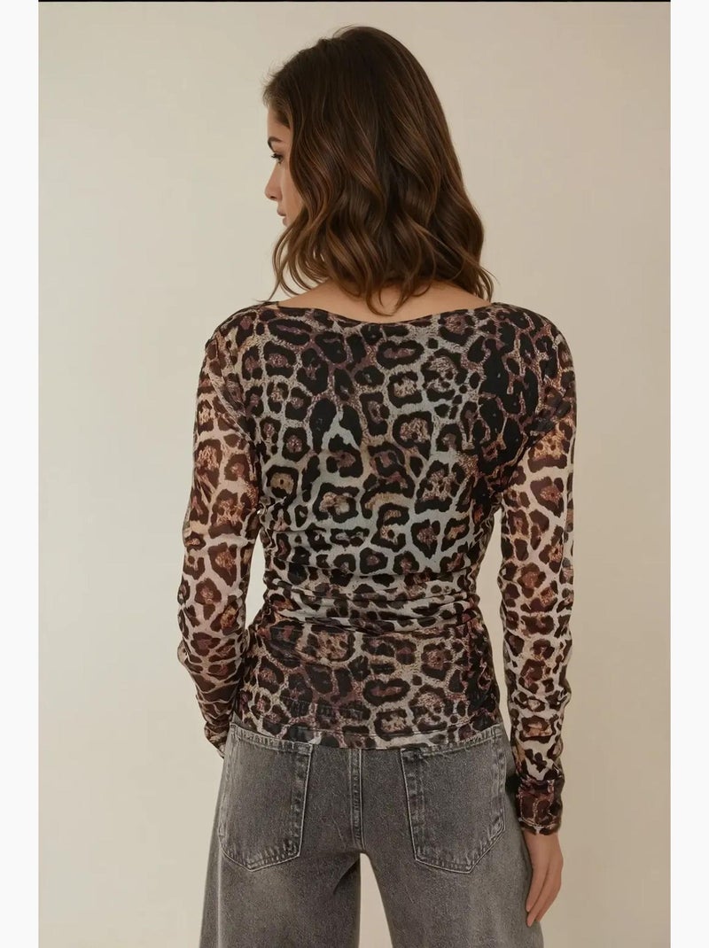 Maglietta stampa leopardata scollo barca drappeggiata manica lunga hiccup Nero Marrone - Kiabi