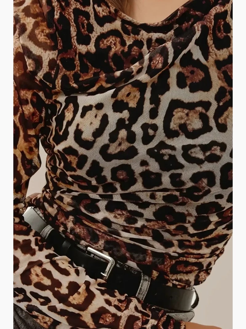 Maglietta stampa leopardata scollo barca drappeggiata manica lunga hiccup Nero Marrone - Kiabi