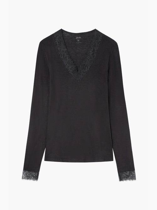 Maglietta termica leggera con scollo a v con pizzo collo e polsini - Kiabi Maglietta termica leggera con scollo a v con pizzo collo e polsini - Kiabi