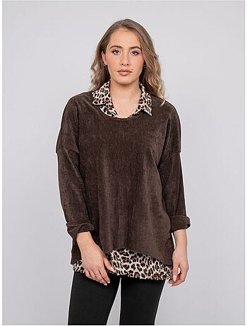 Maglione 2 in 1 effetto sovrapposto con collo a camicia leopardato keva