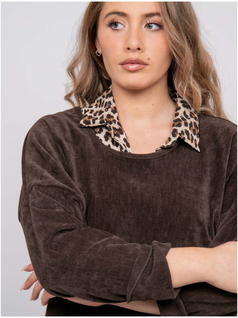 Maglione 2 in 1 effetto sovrapposto con collo a camicia leopardato keva Marrone - Kiabi