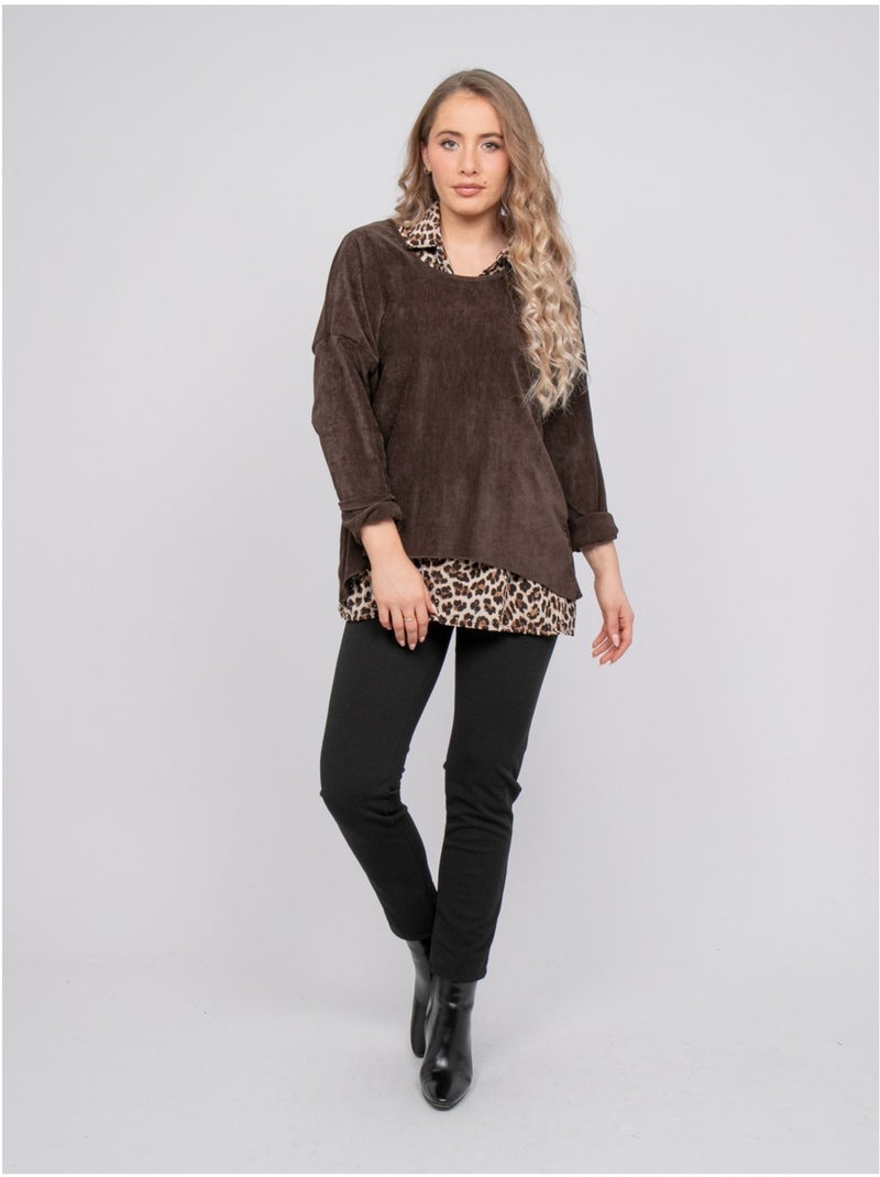 Maglione 2 in 1 effetto sovrapposto con collo a camicia leopardato keva Marrone - Kiabi