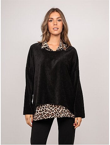 Maglione 2 in 1 effetto sovrapposto con collo a camicia leopardato keva