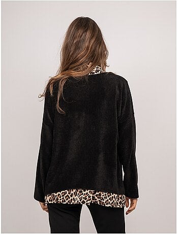 Maglione 2 in 1 effetto sovrapposto con collo a camicia leopardato keva