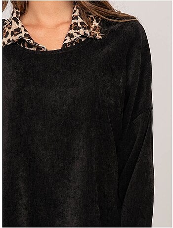 Maglione 2 in 1 effetto sovrapposto con collo a camicia leopardato keva