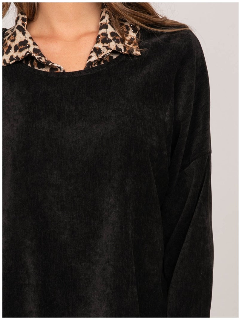 Maglione 2 in 1 effetto sovrapposto con collo a camicia leopardato keva Nero - Kiabi