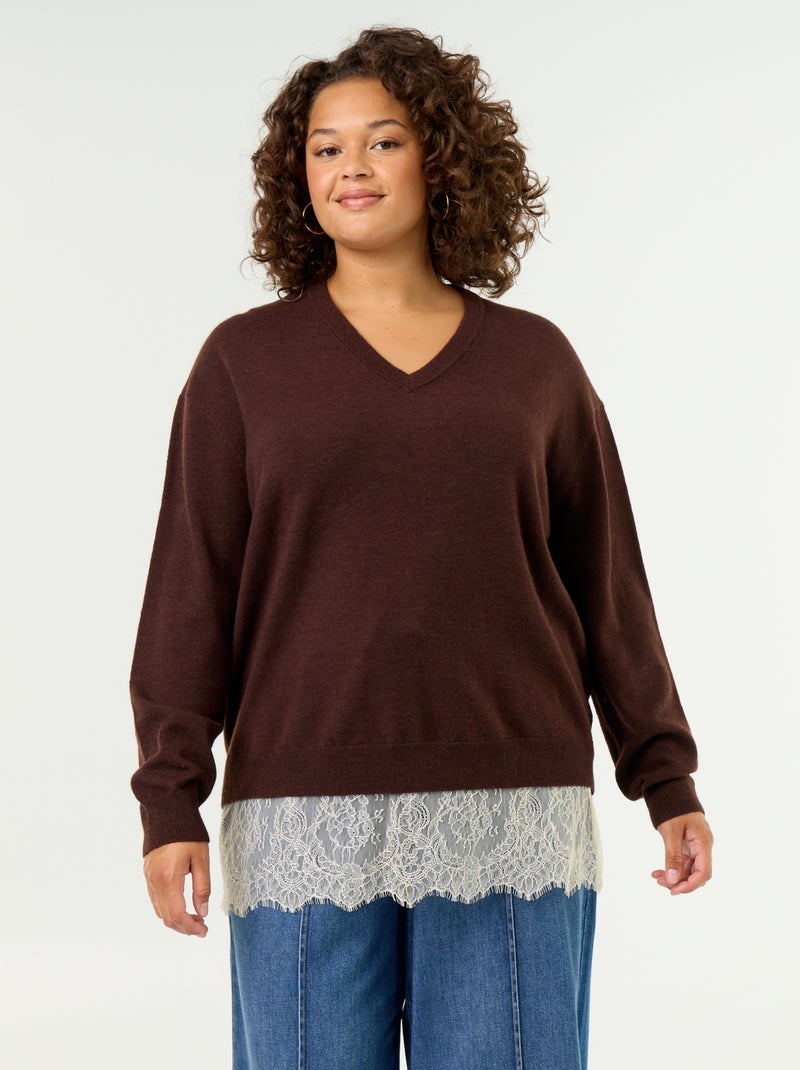 Maglione 2-in-1 in misto lana e pizzo Marrone - Kiabi