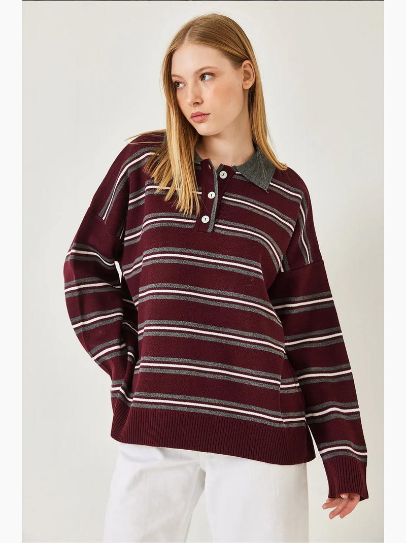 Maglione a collo alto con bottoni a righe lucci Rosso bordeaux - Kiabi