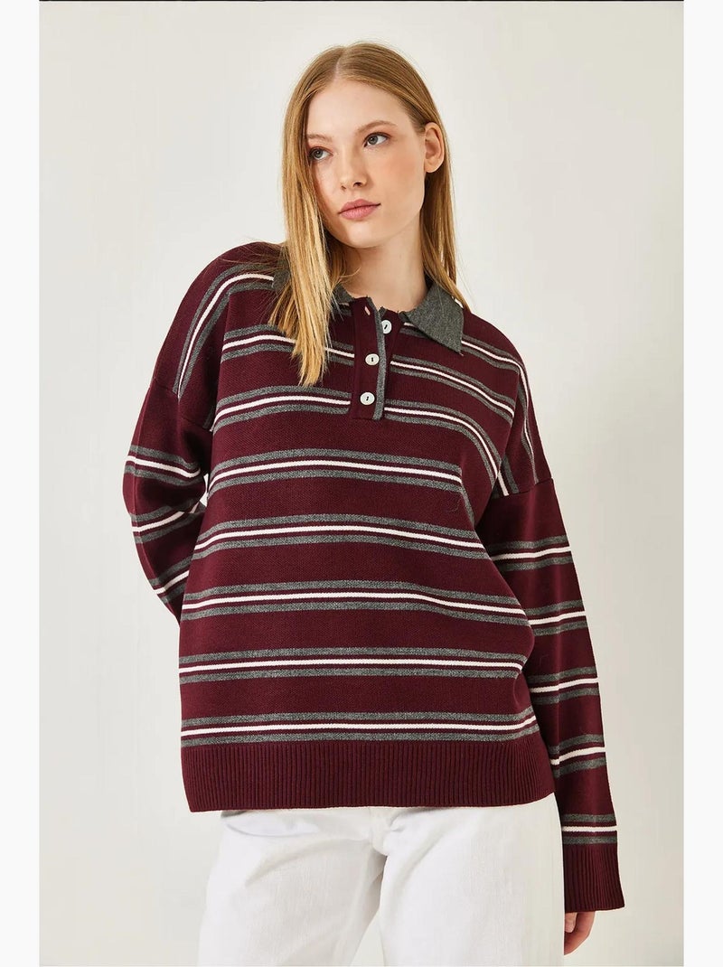 Maglione a collo alto con bottoni a righe lucci Rosso bordeaux - Kiabi