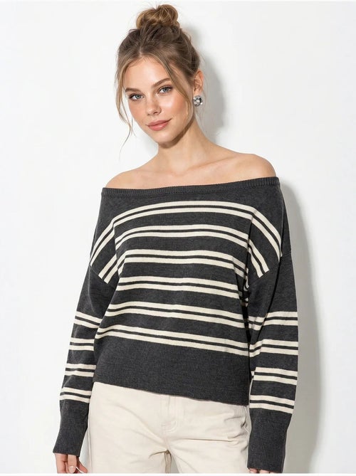 Maglione a coste a righe con scollo off-shoulder lucci - Kiabi Maglione a coste a righe con scollo off-shoulder lucci - Kiabi