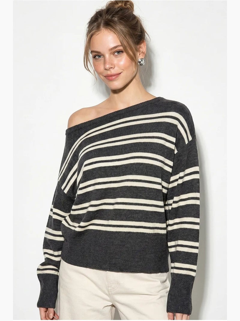 Maglione a coste a righe con scollo off-shoulder lucci Grigio nero - Kiabi