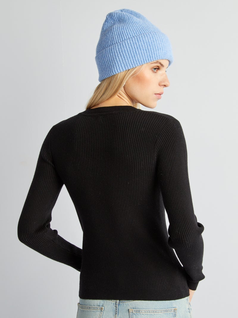 Maglione a coste con scollo tondo nero - Kiabi