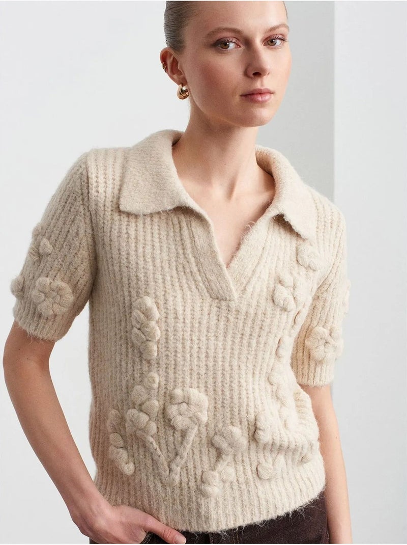 Maglione a coste testurizzato con colletto polo Crema - Kiabi