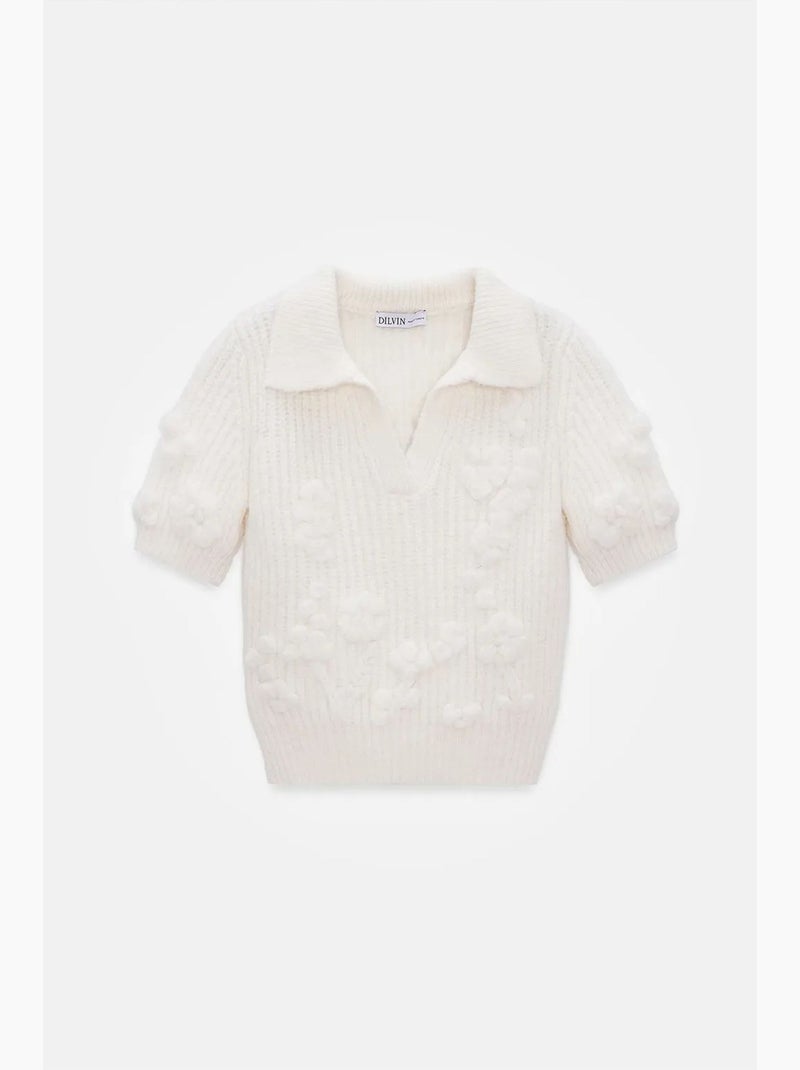 Maglione a coste testurizzato con colletto polo dilvin Avorio - Kiabi