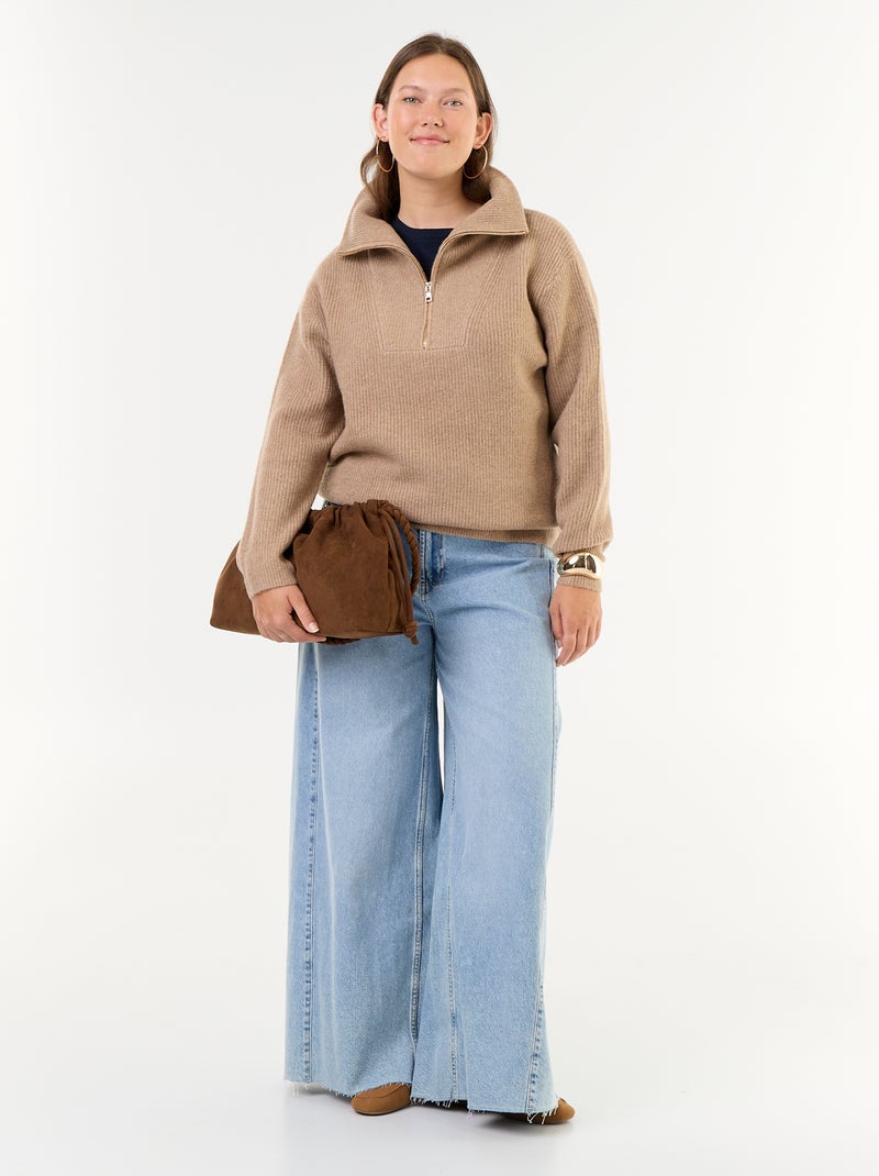 Maglione a costine a collo alto con zip Beige - Kiabi