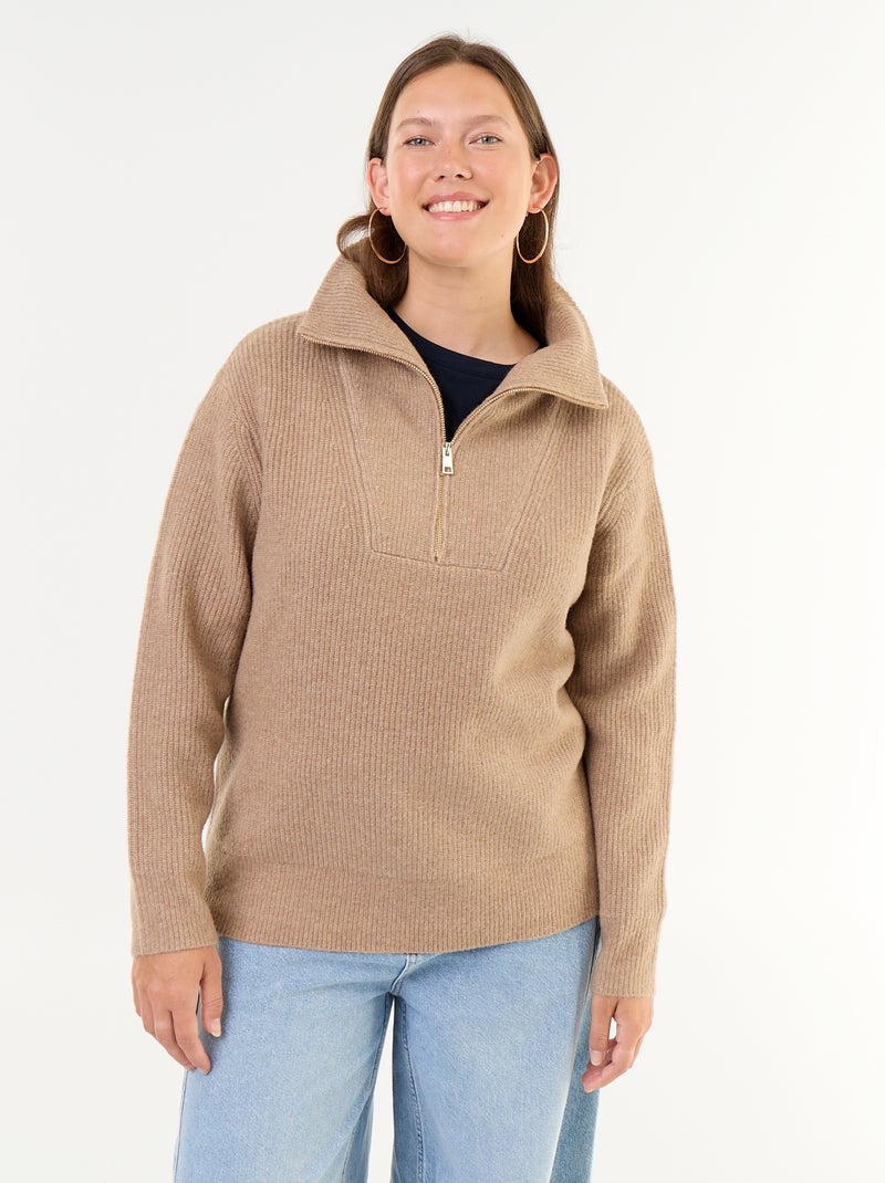 Maglione a costine a collo alto con zip Beige - Kiabi