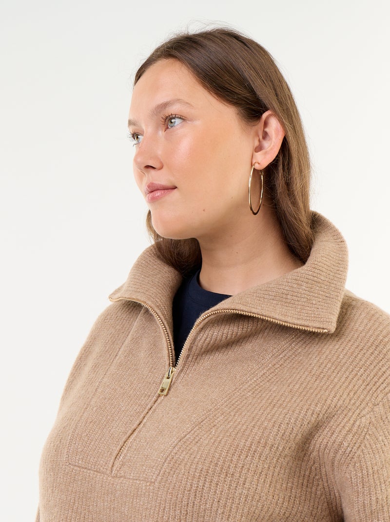 Maglione a costine a collo alto con zip Beige - Kiabi