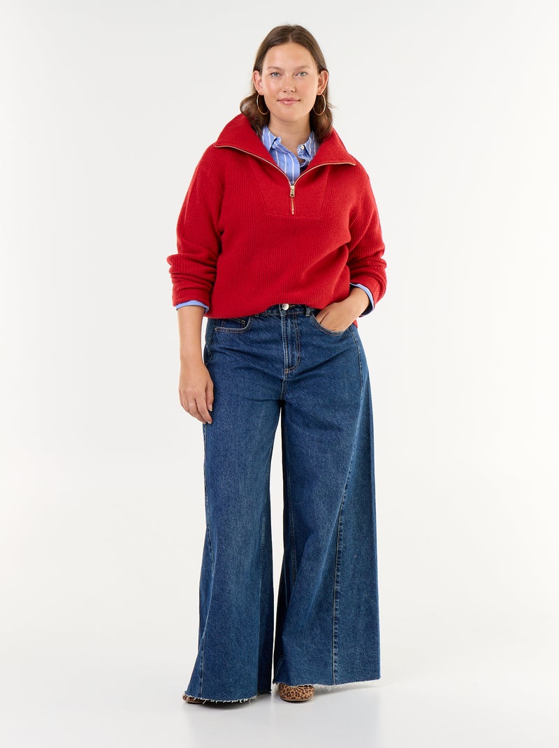 Maglione a costine a collo alto con zip Rosso - Kiabi