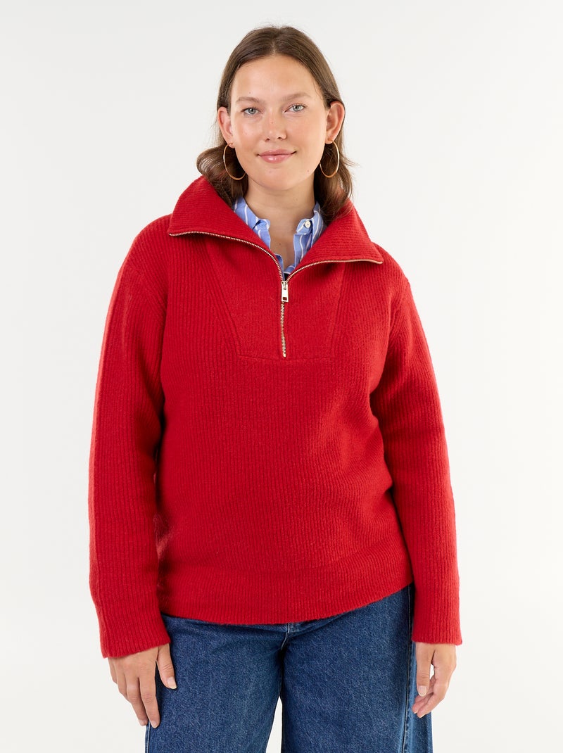 Maglione a costine a collo alto con zip Rosso - Kiabi