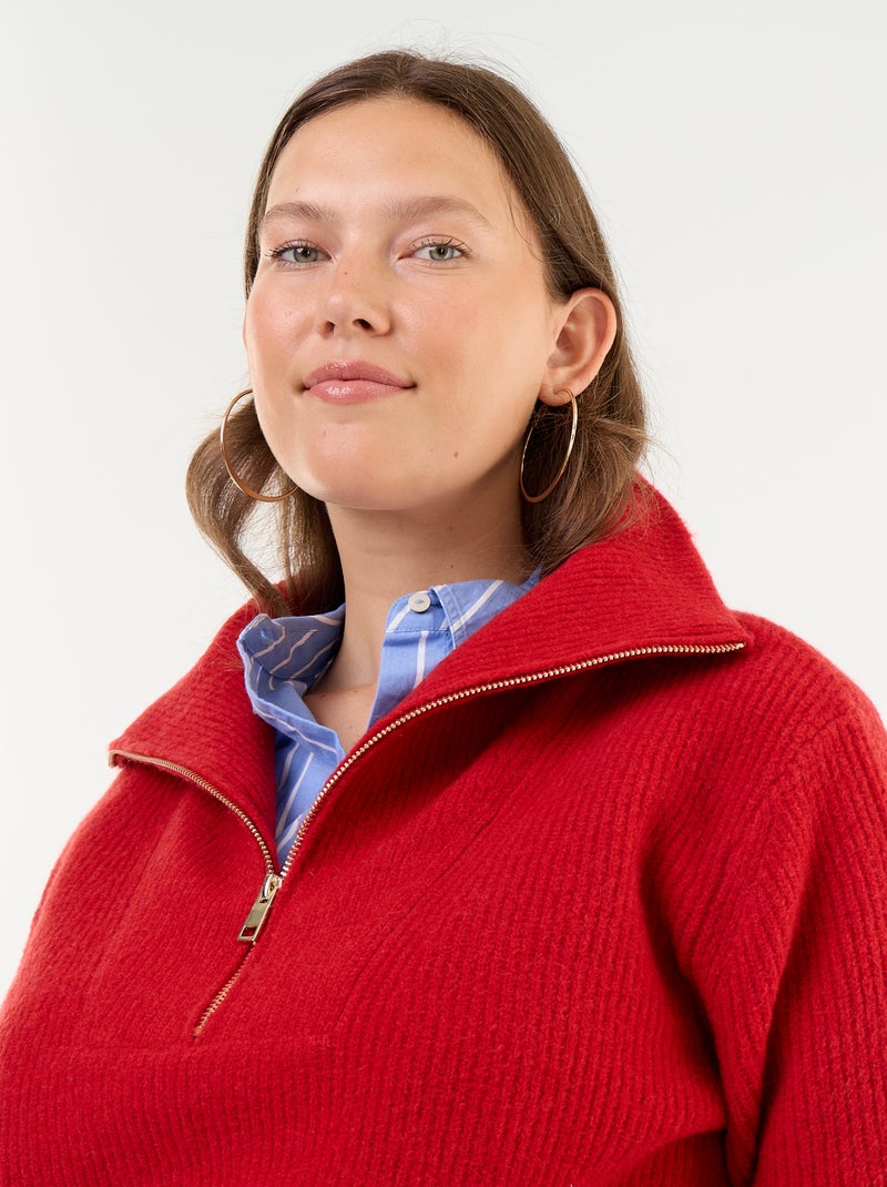 Maglione a costine a collo alto con zip Rosso - Kiabi