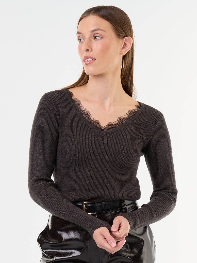 Maglione a costine con scollo a V e pizzo Grigio - Kiabi
