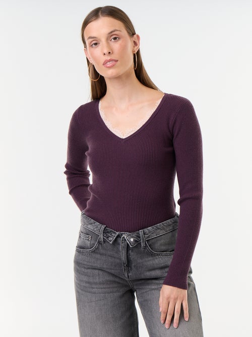 Maglione a costine con scollo a V e pizzo - Kiabi