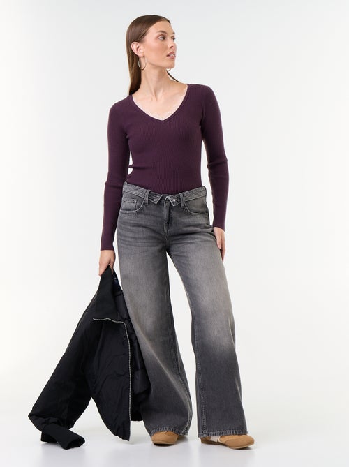 Maglione a costine con scollo a V e pizzo - Kiabi