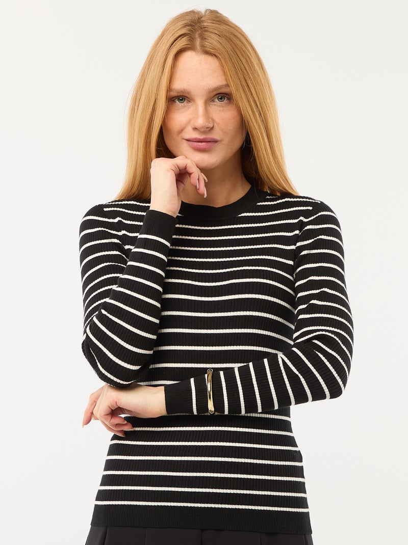 Maglione a girocollo in costina a righe Nero - Kiabi