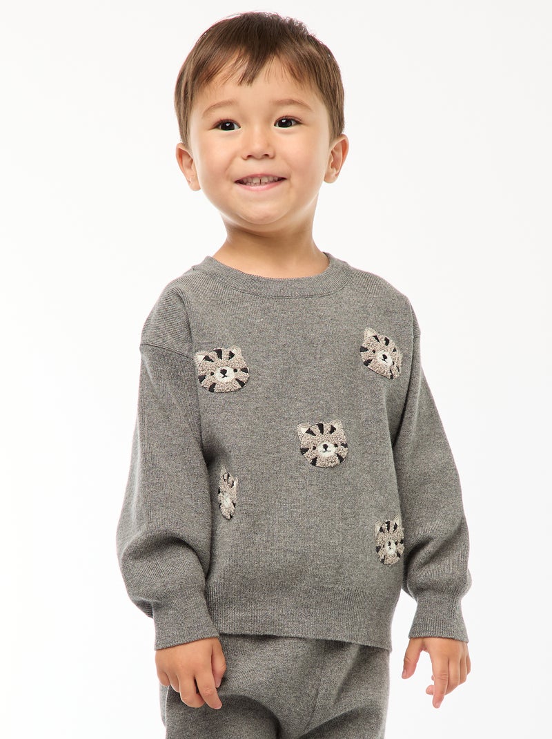 Maglione a girocollo in maglia con ricami Grigio - Kiabi