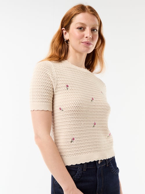Maglione a maniche corte con fiori ricamati - Kiabi