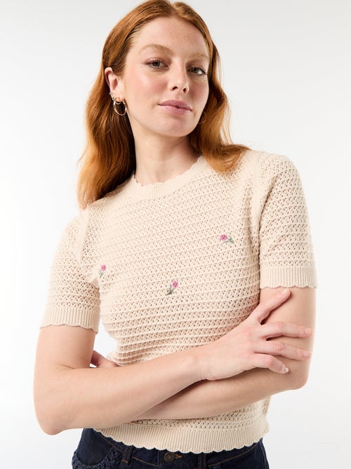 Maglione a maniche corte con fiori ricamati - Kiabi
