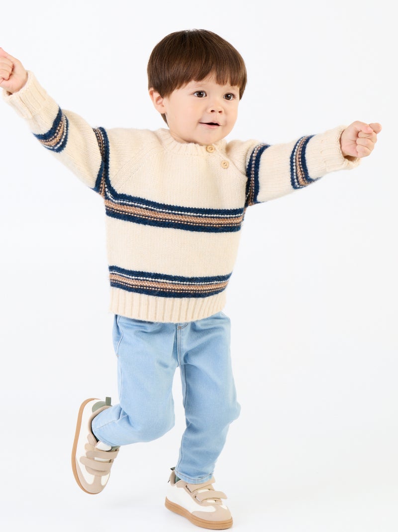 Maglione a righe con abbottonatura sulla spalla Beige - Kiabi