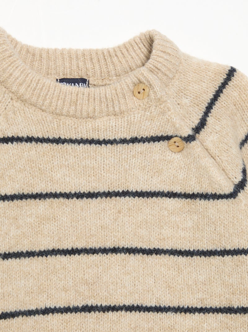 Maglione a righe con apertura abbottonata sul collo Beige - Kiabi