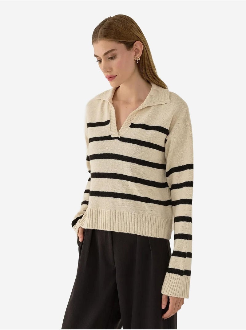 Maglione a righe con colletto polo Beige naturale - Kiabi