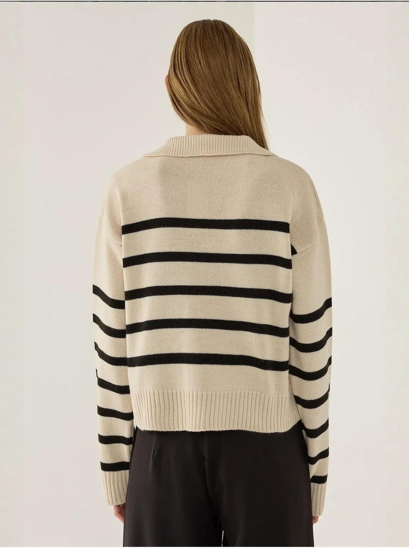 Maglione a righe con colletto polo Beige naturale - Kiabi